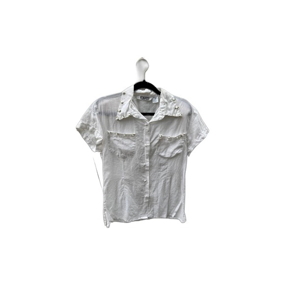 Vintage Ravel White Button Down with White Embroidered Flowers - Picture 2 of 3